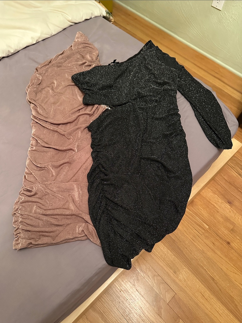Set of two: champagne one shoulder and black sparkle one shoulder & sleeve.